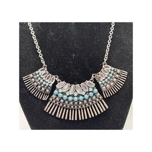 Silver Tone Fan Bib Necklace Faux Turquoise Southwestern Statement 18"